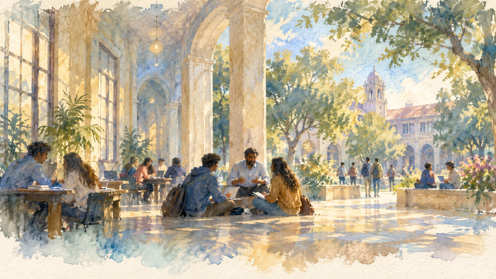 Students preparing together on a university campus
