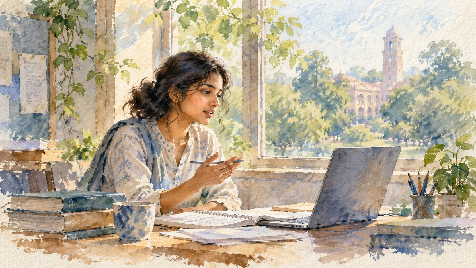 Student preparing an interview introduction at a desk